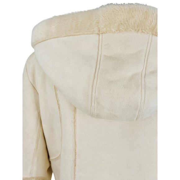 Vtg Y2K Hydraulic Hooded Cream Faux Suede & Fur Lined Penny Lane Coat | Boho Lg - Picture 9 of 16